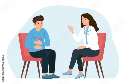 The patient and the doctor are talking in the office. Man with  stomachache visits doctor. Physician consults patient, diagnoses, prescribes treatment.Vector flat  illustration.