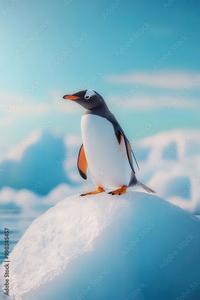 Fototapeta premium Gentle Penguin Standing on Iceberg in Clear Water