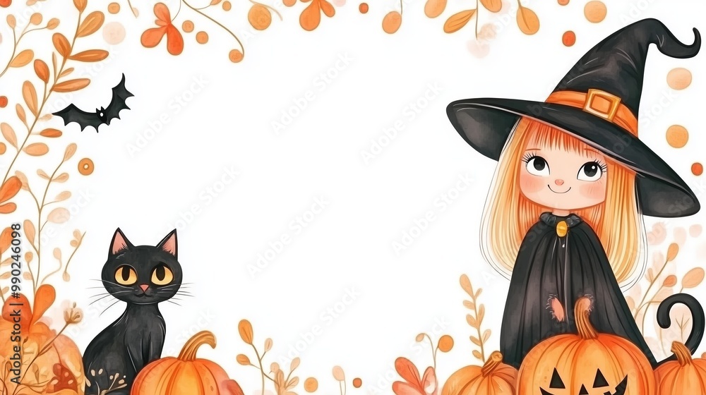 Halloween illustration of cute little witch, black cat, pumpkins with autumn leaves and bat decorations, holiday illustration concept Halloween illustration of cute little witch, black cat, pumpkins with autumn leaves and bat decorations, holiday illustration concept