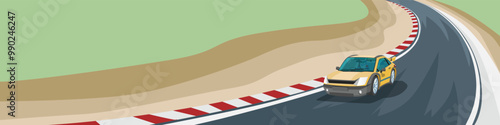Car races along a winding asphalt road. surrounded by lush greenery. yellow sports car navigates a sharp turn on a racetrack. Feeling the thrill of the open road.