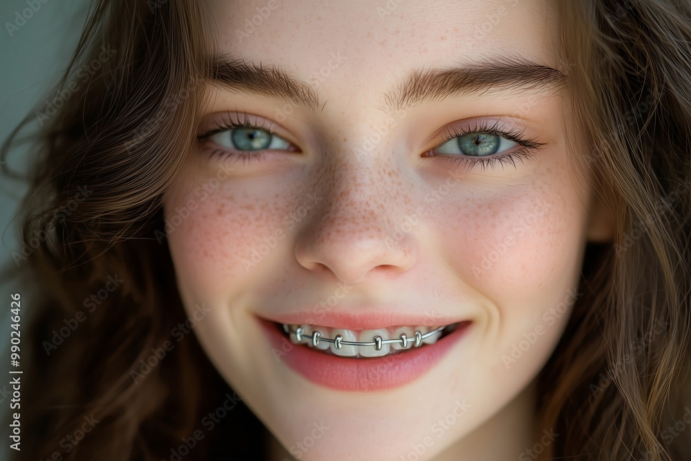 Portrait of a young woman showcasing braces on teeth Portrait of a young woman showcasing braces on teeth