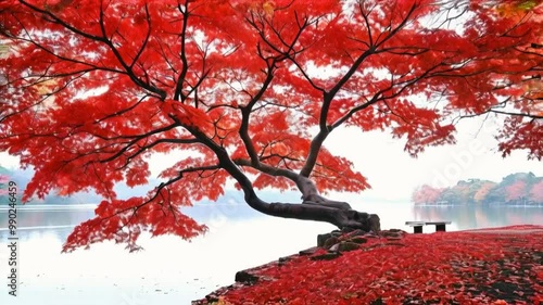 Cascade à écriture ligne par ligne Japon de Fukuroda. Cascade à écriture ligne par ligne de Fukuroda cachée derrière l'arbre d'érable rouge pendant la saison de koyo d'automne au Japon photo