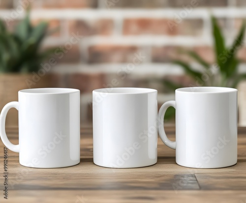 Three white coffee mugs sit on a wooden table photo