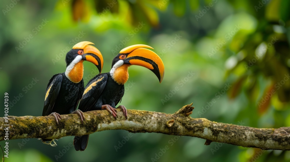 Obraz premium Two Colorful Birds Perched on a Branch in a Lush Rainforest