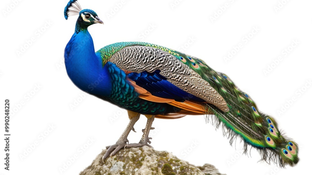 Fototapeta premium Peacock with Vibrant Feathers on a Rock