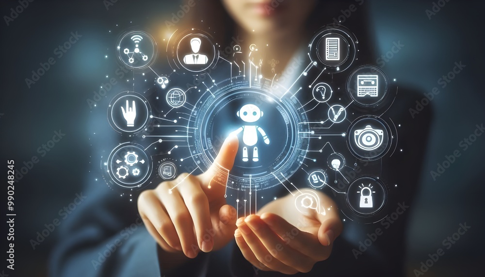 Woman hands and finger touch AI bot, creative services icons. Copy space Woman hands and finger touch AI bot, creative services icons. Copy space