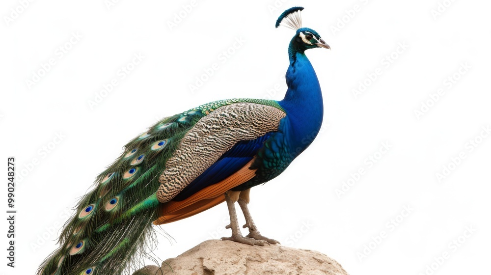 Fototapeta premium Stunning Peacock with Vibrant Feathers on White Background