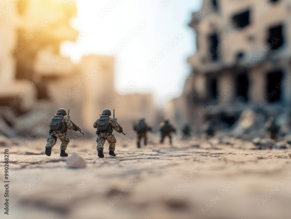 Soldiers Advancing Through Ruins of a Devastated City Soldiers Advancing Through Ruins of a Devastated City