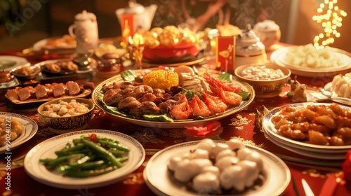 Table with food Family dinner in Chinese New Year