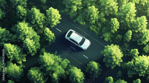 the car drives through the forest on the background of the mountains top view. travel concept. generative ai.