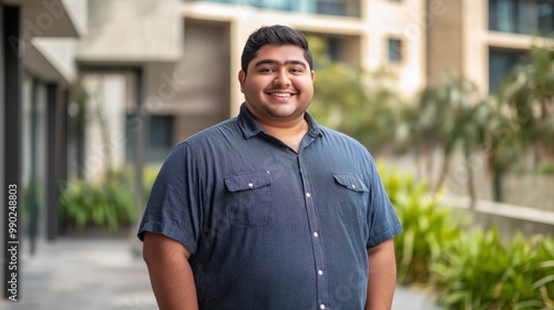 Confident Young Indian Man Posing Outdoors in Casual Attire, Modern Residential Background, Diversity Concept