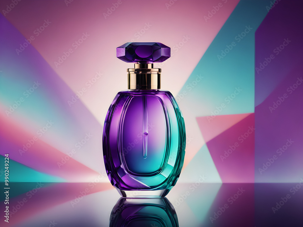 A modern perfume bottle with abstract geometric patterns on a colorful, gradient background of purple and teal A modern perfume bottle with abstract geometric patterns on a colorful, gradient background of purple and teal