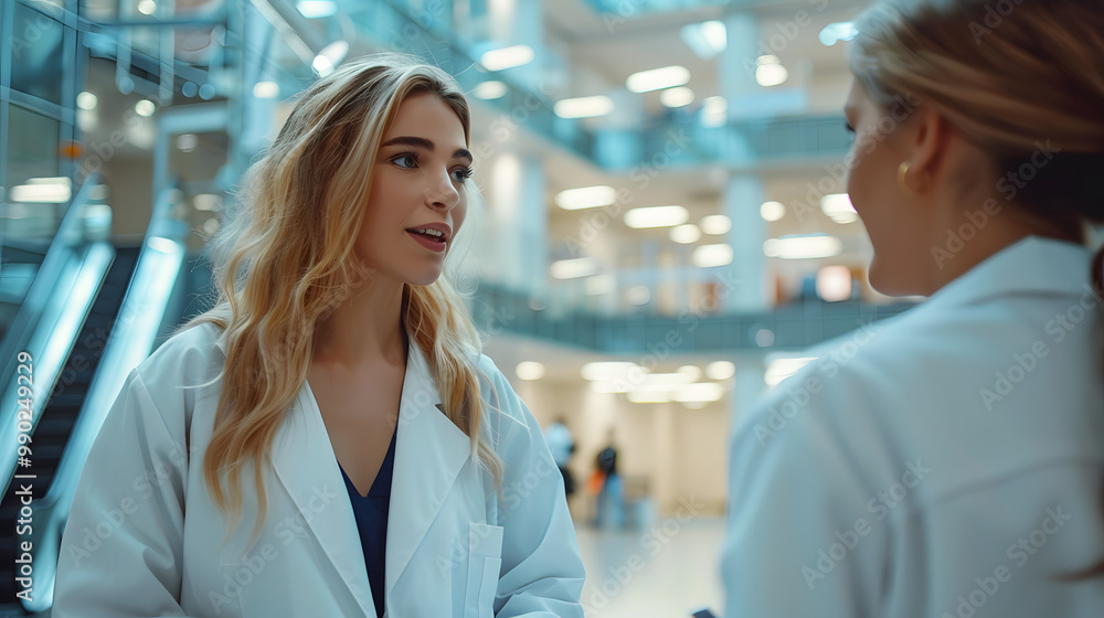 Fototapeta premium Pharmaceutical sales representative talking with doctor in medical building. Ambitious female hospital director consulting with healtcare staff. Woman business leader
