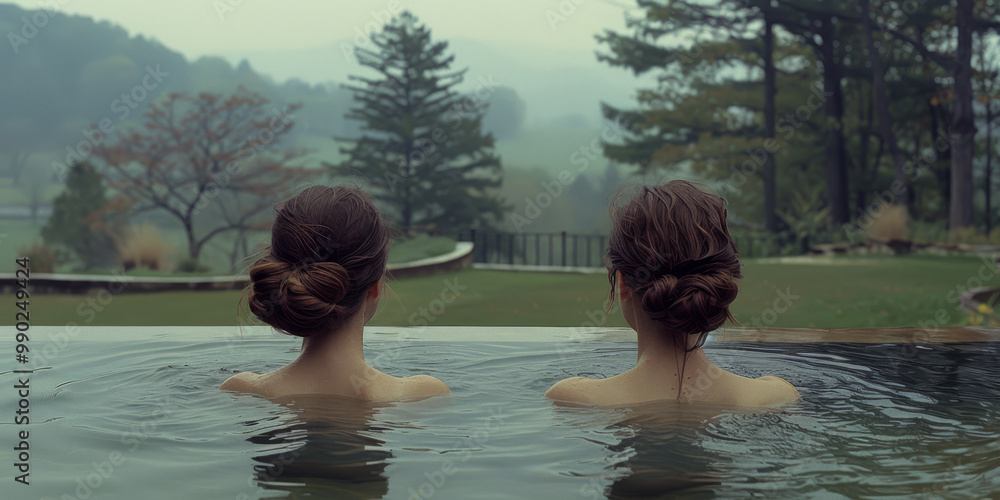 Fototapeta premium Asian Women Relaxing in Outdoor Spa 