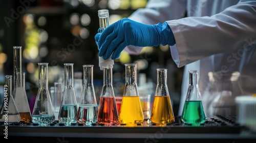 A Chemist Experimenting with Colorful Liquids in a Laboratory