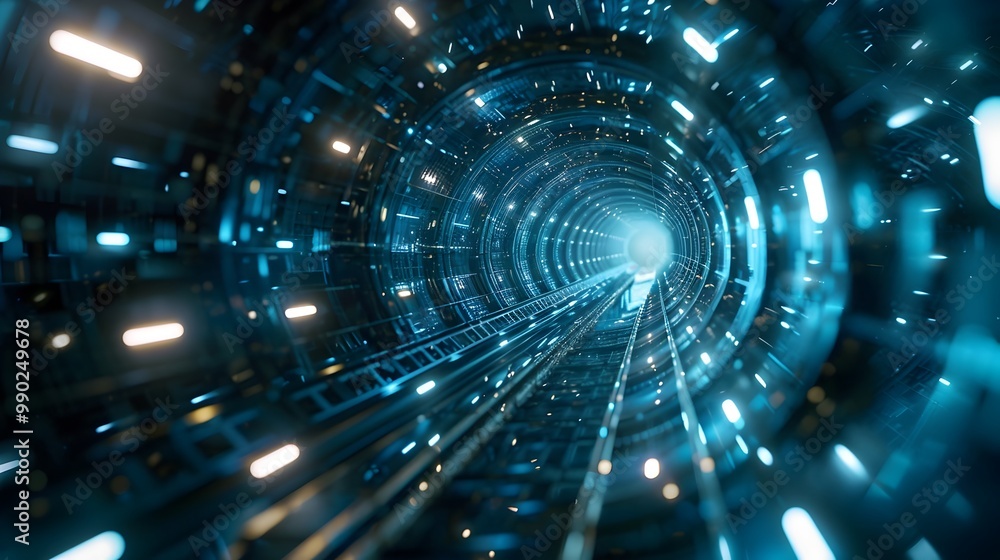 Obraz premium Interstellar Communication Capsule Traversing Wormhole Tunnel of Light and Energy