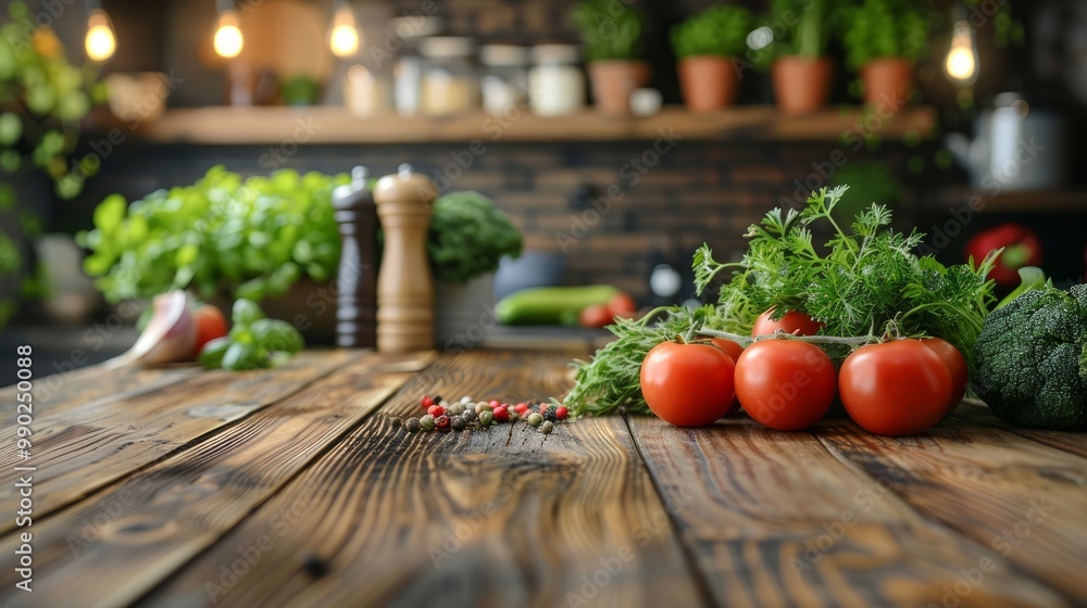 Blur an empty wooden table with fresh vegetables and spices to cook on the kitchen - area background for you to edit the product. Blur an empty wooden table with fresh vegetables and spices to cook on the kitchen - area background for you to edit the product.