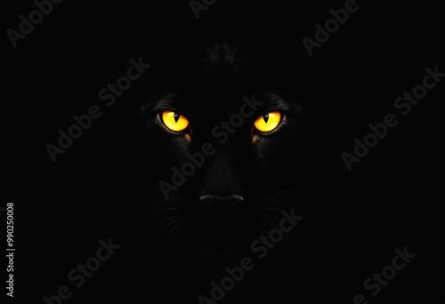 Black panther eyes background, wild cat animal face in night, yellow eyeballs in dark. Black panther eyes glow look in macro closeup, wildlife cheetah, puma or cheetah yellow evil eye