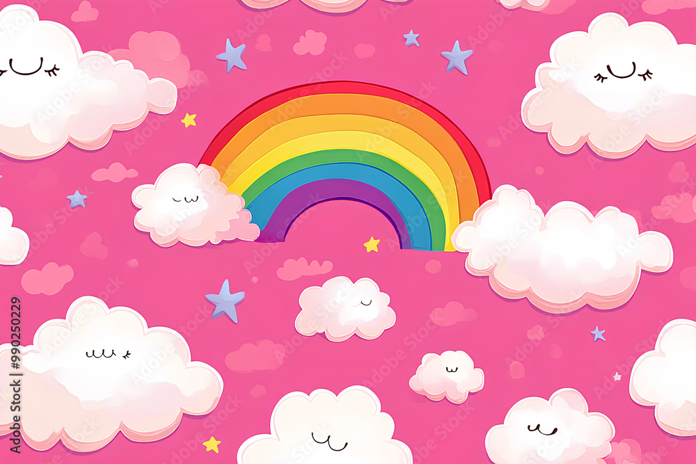 Obraz premium cute rainbow and clouds pink background stylish design