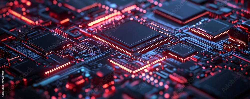 Obraz premium Close-up view of a modern circuit board illuminated with vibrant red lights, showcasing intricate electronic components.