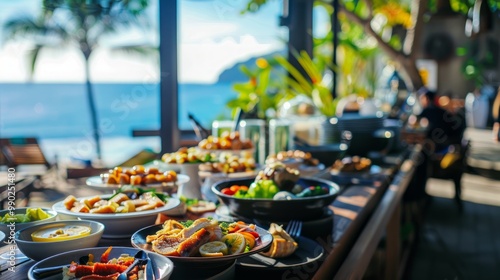Wallpaper Mural Breakfast in tropical hotel with sea view. Buffet food in restaurant in modern resort. Concept of travel and summer vacation.  Torontodigital.ca