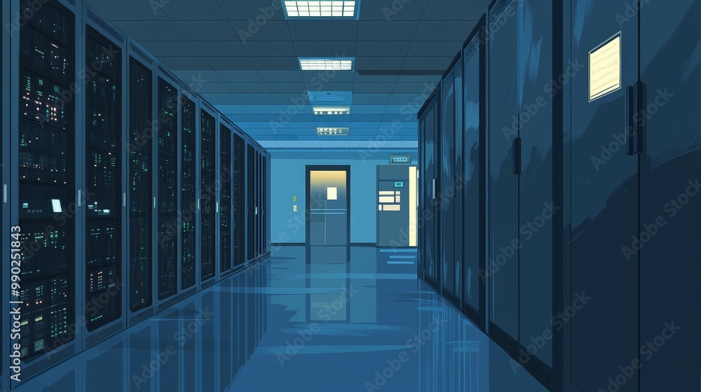 Futuristic Data Center Hallway Illuminated with Bright Lights Futuristic Data Center Hallway Illuminated with Bright Lights