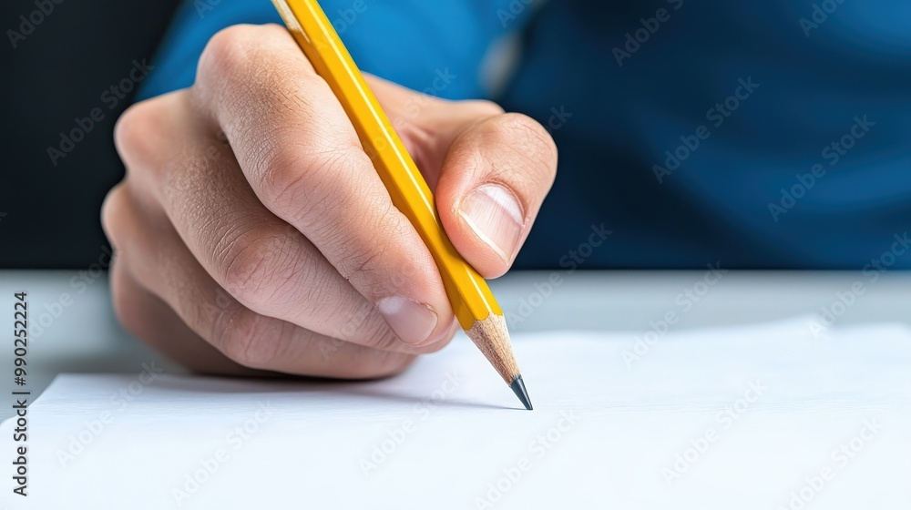 Close-up of a hand holding a pencil and writing on a sheet of paper. Close-up of a hand holding a pencil and writing on a sheet of paper.