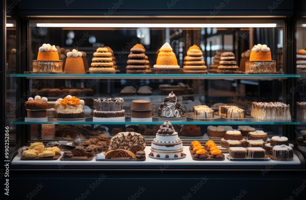 Various cakes and pastries displayed in glass case. Perfect for bakery websites, dessert menus, cafe promotions, and food related designs. Generative AI Various cakes and pastries displayed in glass case. Perfect for bakery websites, dessert menus, cafe promotions, and food related designs. Generative AI