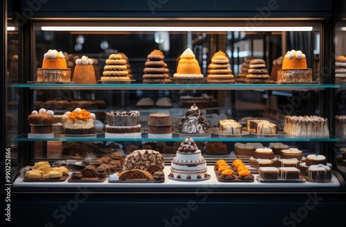 Various cakes and pastries displayed in glass case. Perfect for bakery websites, dessert menus, cafe promotions, and food related designs. Generative AI photo