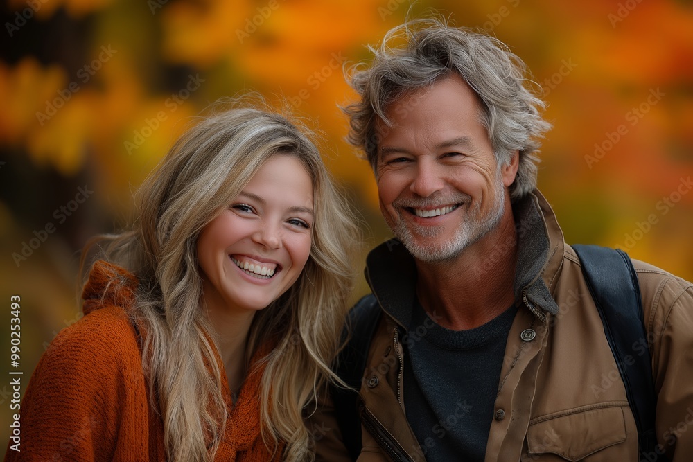Man and a woman are smiling at the camera. The woman is wearing an orange sweater. The man is wearing a brown jacket. caucasian couple autumn laughing, full body Man and a woman are smiling at the camera. The woman is wearing an orange sweater. The man is wearing a brown jacket. caucasian couple autumn laughing, full body