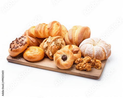 Variety of pastries, croissants, and bread on wooden board ideal for bakery, café, food blog, menu design, or culinary projects. Generative AI