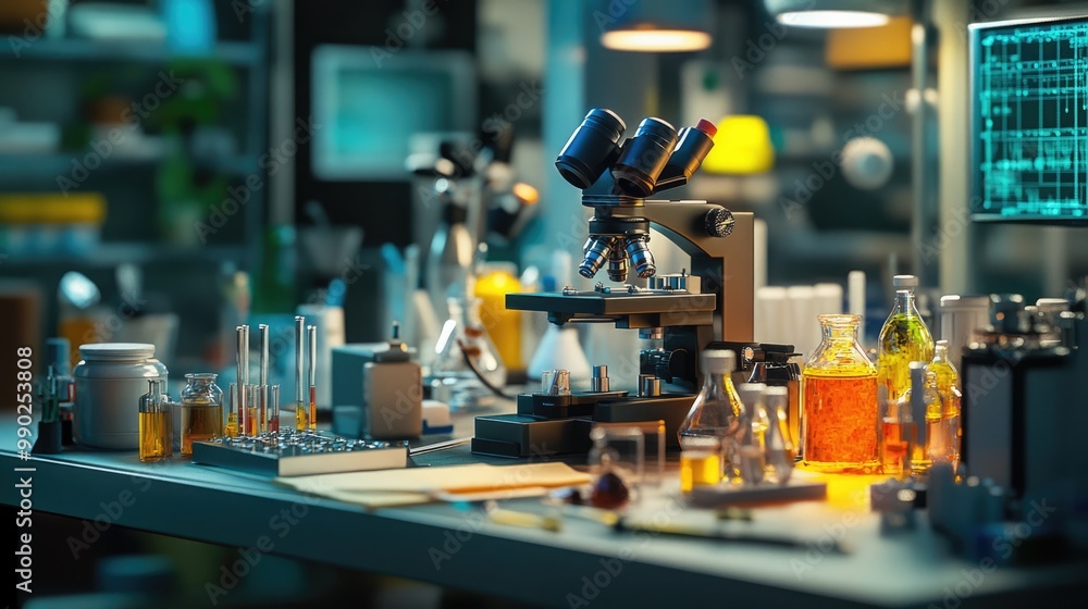 Microscope and Chemical Bottles in a Laboratory Setting Microscope and Chemical Bottles in a Laboratory Setting