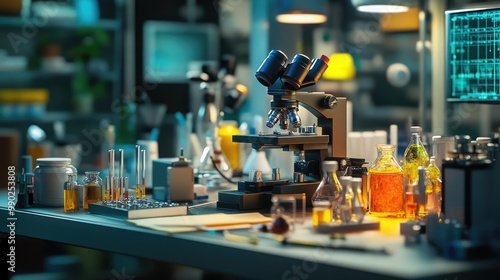 Microscope and Chemical Bottles in a Laboratory Setting