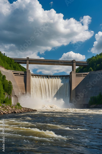 Majestic Hydroelectric Dam Powering Renewable Energy in Lush Mountain Landscape. Engineering, Technology. photo