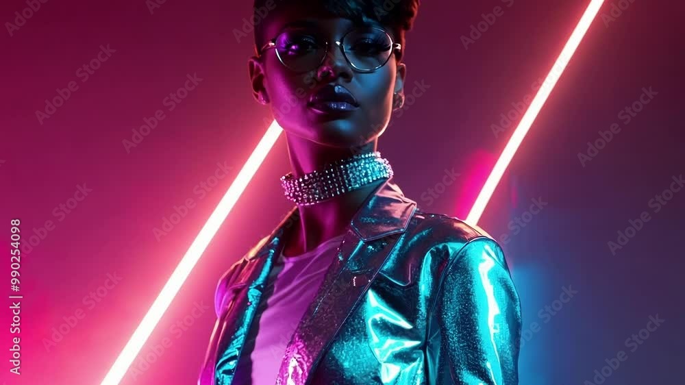 Fashion model is posing with a futuristic shiny jacket and sunglasses, illuminated by two neon lights, giving a holographic effect to the scene Fashion model is posing with a futuristic shiny jacket and sunglasses, illuminated by two neon lights, giving a holographic effect to the scene