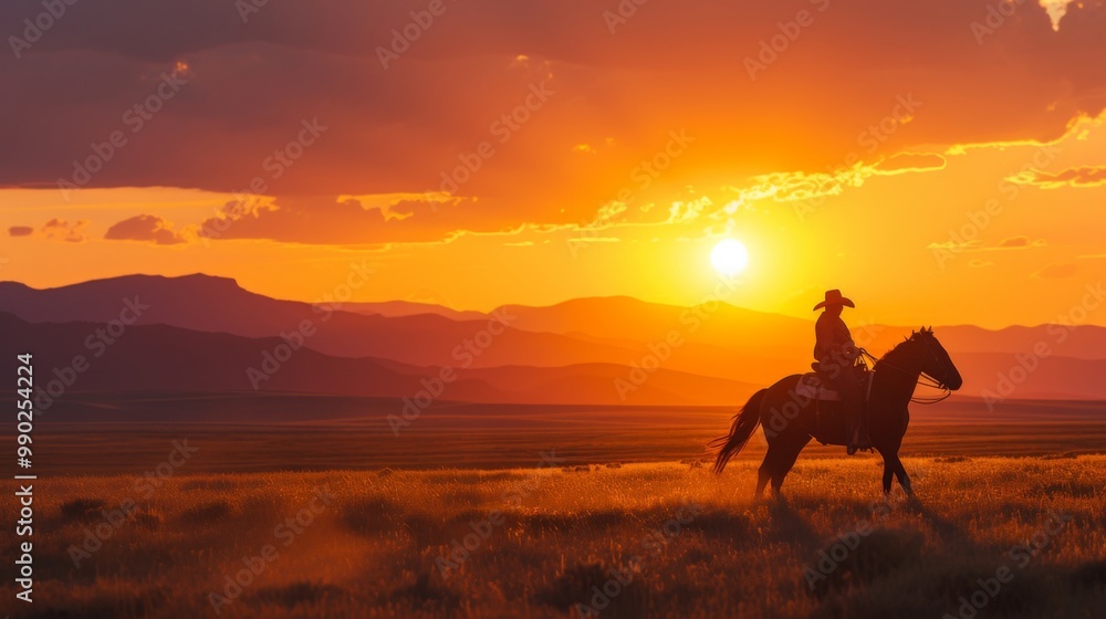 Cowboy Riding Horse at Sunset with Mountain Range in Background Cowboy Riding Horse at Sunset with Mountain Range in Background