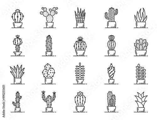 Cactus succulent line icons. Vector set of linear potted desert plants like barrel and prickly pear cactus, sansevieria snake plant, saguaro and aloe vera. Totem pole, ball, mammillaria and echeveria