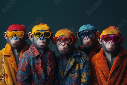 Five monkeys wearing sunglasses and colorful clothes. other four are wearing red, yellow, and purple shirts. Creative animal concept. Group of monkey in funky colourful outfits