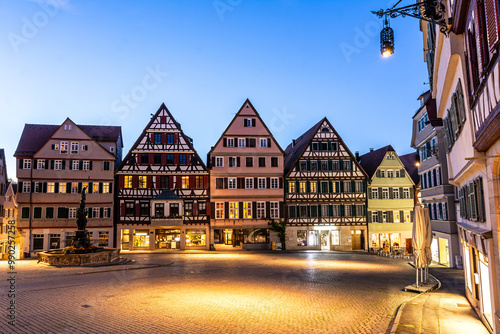 Night shot of the market square and historic fountain in the oldtown of Tübingen, Germany