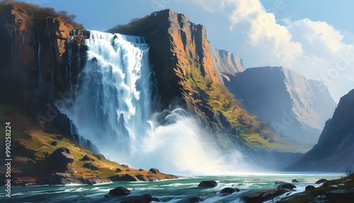 Majestic waterfall cascading down a cliff, illustrating natures raw power and beauty in a breathtaking spectacle of thundering water