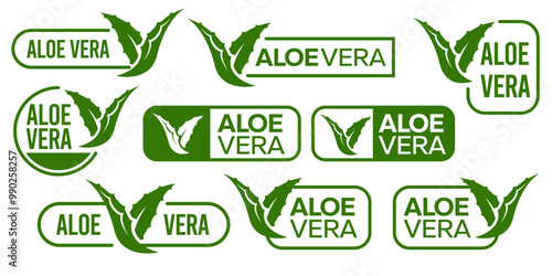 Aloe Vera  symbol, logo, badge, icon, sticker, label, emblem, stamp, green, line, flat vector, isolated illustration. Aloe Vera label for product packaging design.