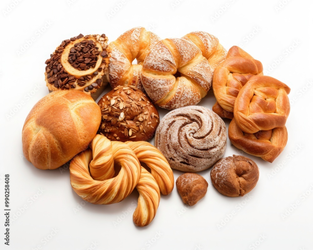 Variety of pastries, croissants, and bread on wooden board ideal for bakery, café, food blog, menu design, or culinary projects. Generative AI Variety of pastries, croissants, and bread on wooden board ideal for bakery, café, food blog, menu design, or culinary projects. Generative AI