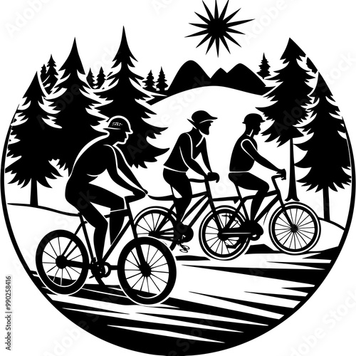 Biking tour silhouette vector illustration on white background