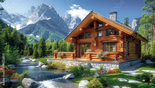 Rustic log cabin by mountain stream in lush forest