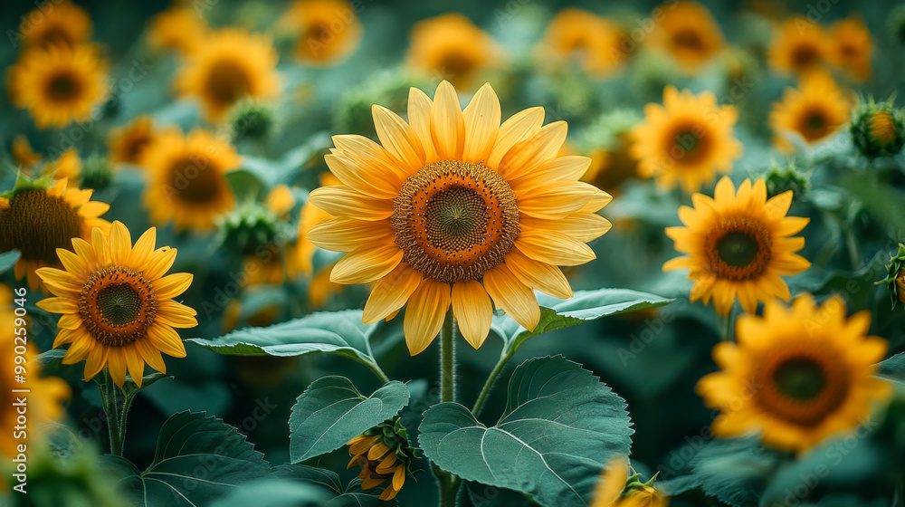 Lone sunflower stands proudly among a field of vibrant blooming sunflowers Lone sunflower stands proudly among a field of vibrant blooming sunflowers