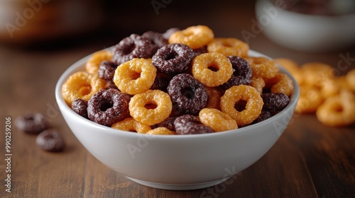 Close-up of Chocolate and Honey Cereal in a White Bowl