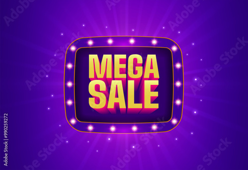 Mega Sale with purple background. Light Retro frame