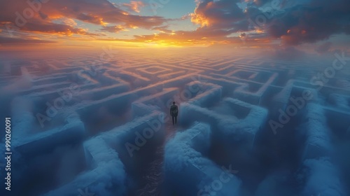 A man in a business suit is standing in a maze. Business concept of finding a solution, difficult task, choice of direction photo