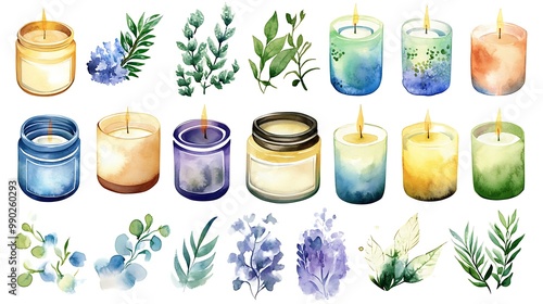 Watercolor Candles and Greenery Clipart Set.