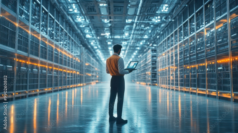 Cutting-edge Vision: Tech Guru in Futuristic Data Center Utilizing Laptop Amidst Warehouse, Streamlined Digitalization with Server-Based Information. SAAS, Cloud Computing, Web Service Empowered. Cutting-edge Vision: Tech Guru in Futuristic Data Center Utilizing Laptop Amidst Warehouse, Streamlined Digitalization with Server-Based Information. SAAS, Cloud Computing, Web Service Empowered.